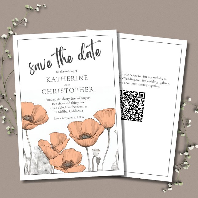 Reserve A Data Casamento Floral do Pêssego Elegante Moderno (Elegant Wedding Save the Date announcement with Peach Poppies and QR Code for the wedding website.)
