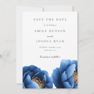 Reserve A Data Casamento Floral Dourado Azul-Marinho Elegante
