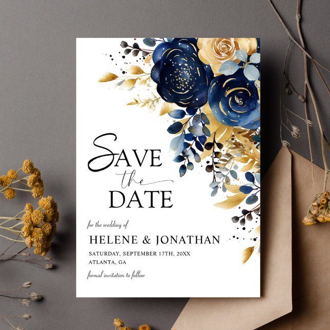 Reserve A Data Casamento Floral Dourado de Azul Terracotta, Marin (Elegant Navy Blue Terracotta Gold Floral Wedding Save The Date)