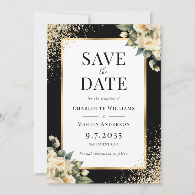 Reserve A Data Casamento Floral Dourado de Ivory Confetti (Frente)