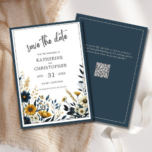 Reserve A Data Casamento Floral Dourado Elegante Azul