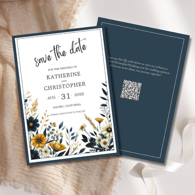 Reserve A Data Casamento Floral Dourado Elegante Azul (Blue and Yellow Wildflower Floral Elegant Save the Date Card with QR Code for Wedding Website.)