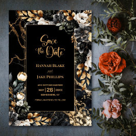 Reserve A Data Casamento Floral Dourado Preto