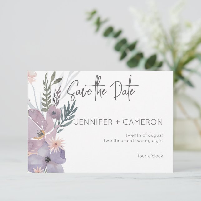 Reserve A Data Casamento Floral Dusty Purple & Blue Boho (Em pé/Frente)