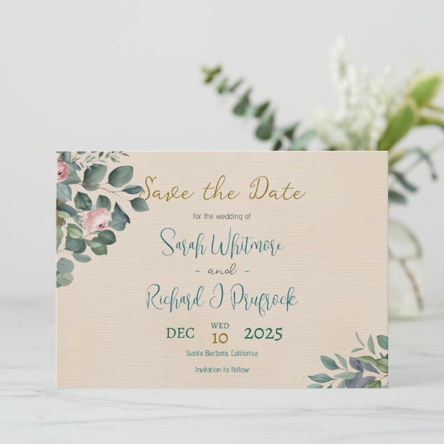 Reserve A Data Casamento Floral Elegante com Rosa e Sage (Em pé/Frente)