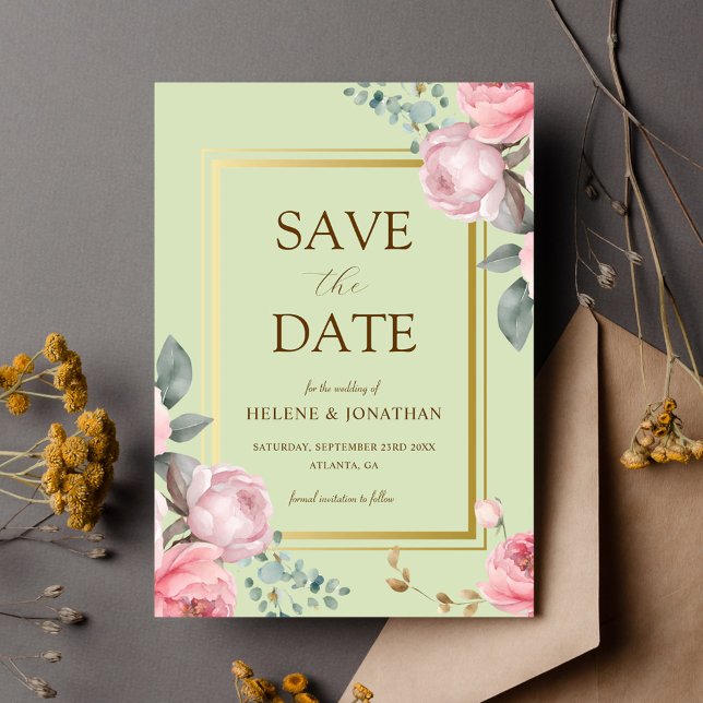 Reserve A Data Casamento Floral Elegante Do Jardim Verde Rosa (Sage Green Pink Garden Elegant Floral Wedding Save The Date)