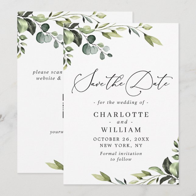 Reserve A Data Casamento Floral Elegante Eucalyptus Watercolor (Frente/Verso)