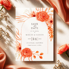 Reserve A Data Casamento Floral Elegante Laranja Coral