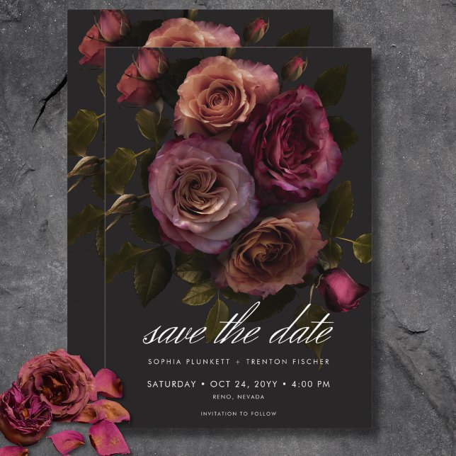 Reserve A Data Casamento Floral Elegante Moody Rust & Burgundy (Elegant Moody Muted Rust & Burgundy Floral Wedding Save The Date)