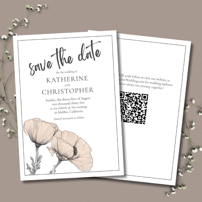 Reserve A Data Casamento Floral Elegante Pale Peach (Pale Peach Poppies Elegant Save the Date Card with QR Code for Wedding Website.)