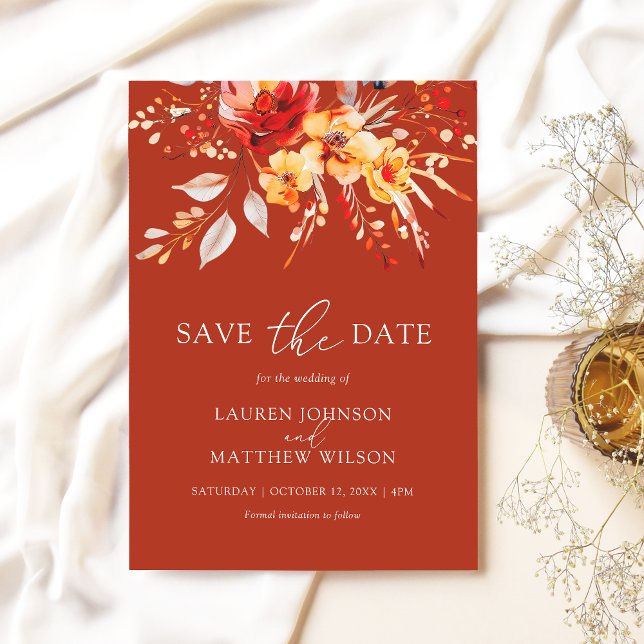 Reserve A Data Casamento Floral Elegante Rust Orange Boho Waterco (Vibrant fall floral Save the Date card on a rust orange background)