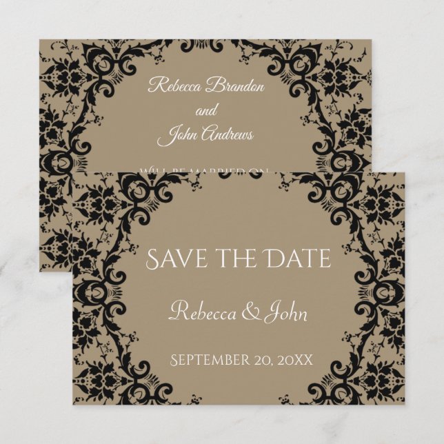 Reserve A Data Casamento Floral Elegante Taupe Damask (Frente/Verso)