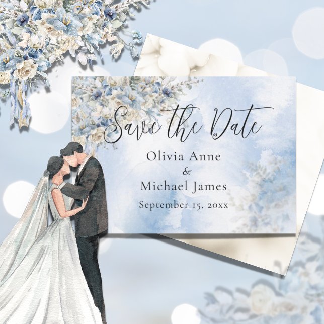 Reserve A Data Casamento Floral em Aquarela Azul Desbotado com Le (Criador carregado)