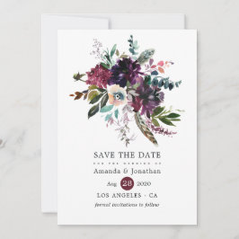 Reserve A Data Casamento Floral em Aquarela Violeta Bordo
