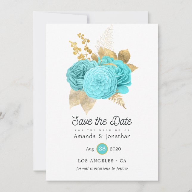 Reserve A Data Casamento Floral em Azul Água e Dourado (Frente)