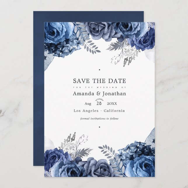 Reserve A Data Casamento Floral em Azul Marinho e Prata Falso Fot (Frente/Verso)