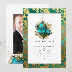 Reserve A Data Casamento Floral em Azul Turquesa e Dourado Vintag
