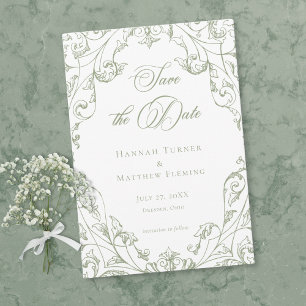 Reserve A Data Casamento Floral em Verde Sage Clássico Elegante
