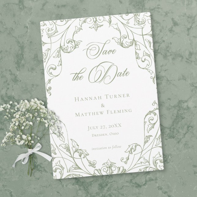 Reserve A Data Casamento Floral em Verde Sage Clássico Elegante (Classic Elegant Sage Green Floral Frame Wedding Save The Date)