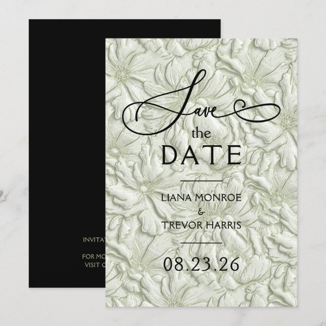 Reserve A Data Casamento Floral em Verde Sage com Relevo Falso (Frente/Verso)