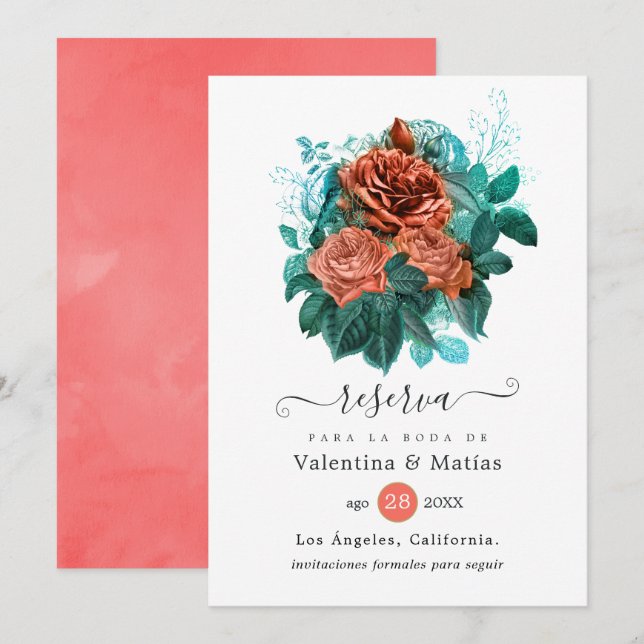 Reserve A Data Casamento Floral Espanhol Coral e Turquesa (Frente/Verso)