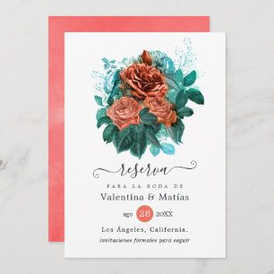 Reserve A Data Casamento Floral Espanhol Coral e Turquesa