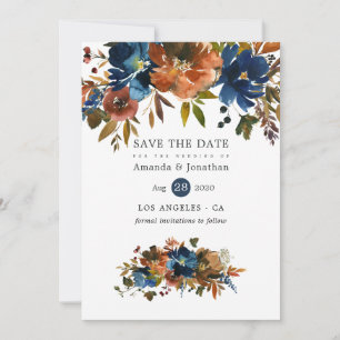 Reserve A Data Casamento Floral Gengibre e Azul-Navio