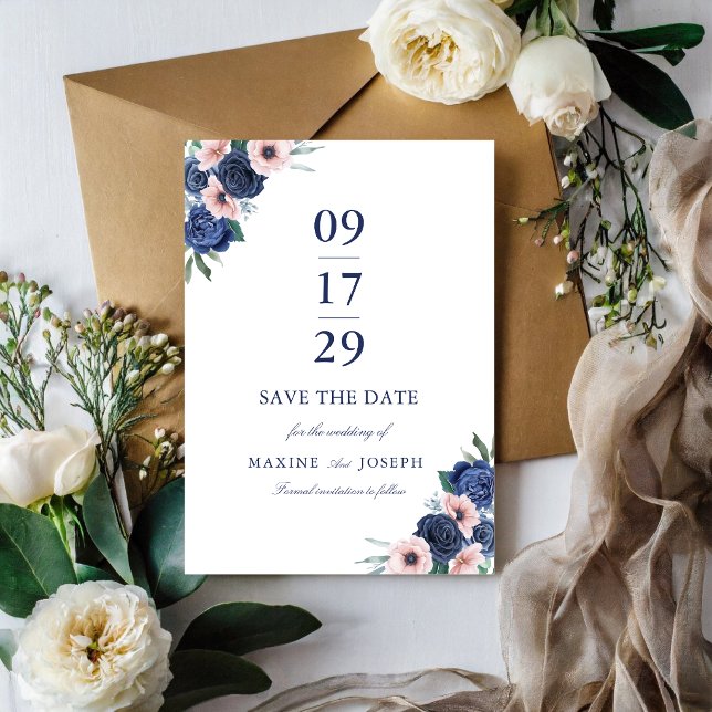 Reserve A Data Casamento Floral Geométrico Azul Marinho e Bege (Navy blue and blush floral save the date shares your wedding news with elegance.)