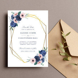 Reserve A Data Casamento Floral Geométrico Azul Naval e Bege