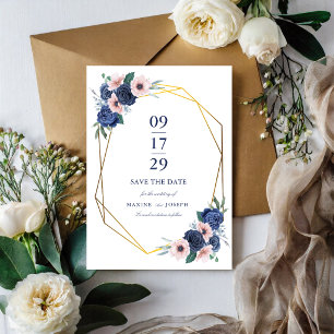 Reserve A Data Casamento Floral Geométrico Azul Naval e Bege