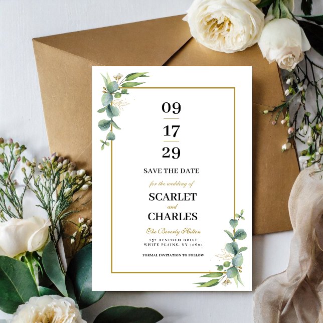Reserve A Data Casamento Floral Geométrico de Verde de Eucalipto (Eucalyptus greenery geometric Save the Date announces your wedding with modern elegance.)