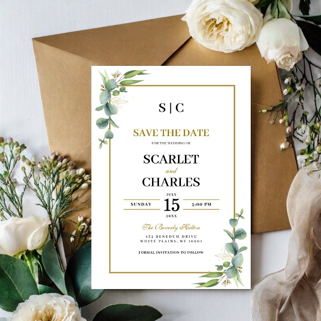 Reserve A Data Casamento Floral Geométrico de Verde de Eucalipto (Eucalyptus greenery geometric Save the Date announces your special day with modern style.)