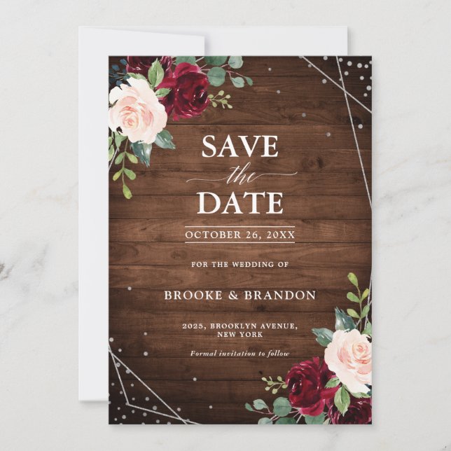Reserve A Data Casamento Floral Geométrico em Madeira Rústica Bur (Frente)
