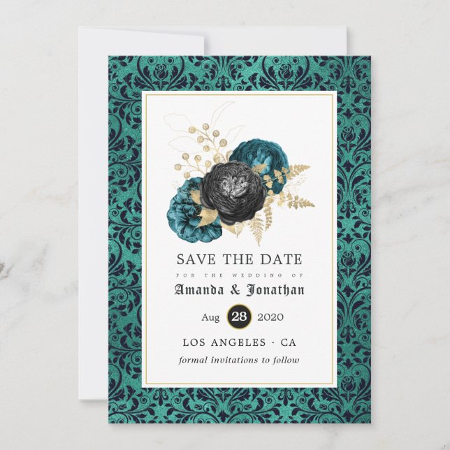Reserve A Data Casamento Floral Gótico Azul, Preto e Dourado (Frente)