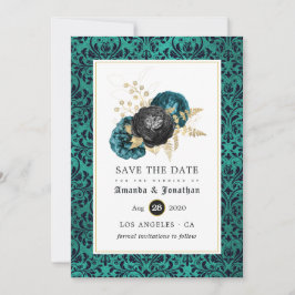 Reserve A Data Casamento Floral Gótico Azul, Preto e Dourado
