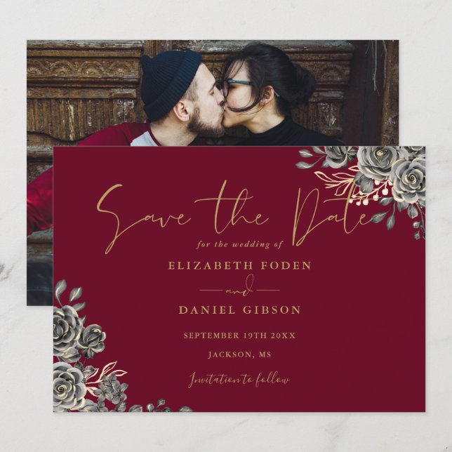 Reserve A Data Casamento Floral Gótico em Vermelho Borgonha e Dou (Frente/Verso)
