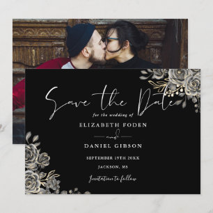 Reserve A Data Casamento Floral Gótico Preto e Branco em Foto