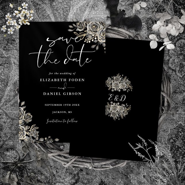 Reserve A Data Casamento Floral Gótico Preto e Branco Monograma (Black And White Gothic Floral Monogram Wedding Save The Date)