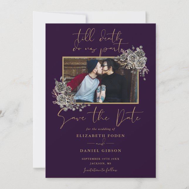 Reserve A Data Casamento Floral Gótico Roxo e Dourado em Foto (Frente)