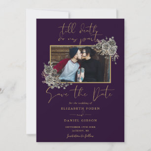 Reserve A Data Casamento Floral Gótico Roxo e Dourado em Foto
