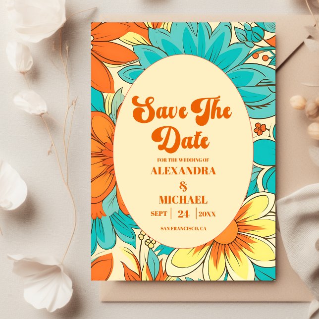 Reserve A Data Casamento Floral Groovy Retro (Criador carregado)