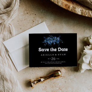 Reserve A Data Casamento Floral Horizontal Azul Marinho Real