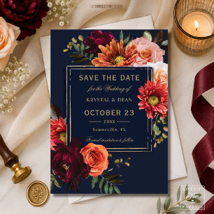 Reserve A Data Casamento Floral Laranja Burgundy Escuro Naval Som