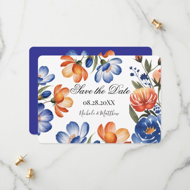 Reserve A Data Casamento Floral Laranja e Azul Cobalto (Frente/Verso In Situ)