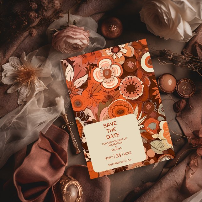 Reserve A Data Casamento floral laranja queimado Retro Groovy (Criador carregado)