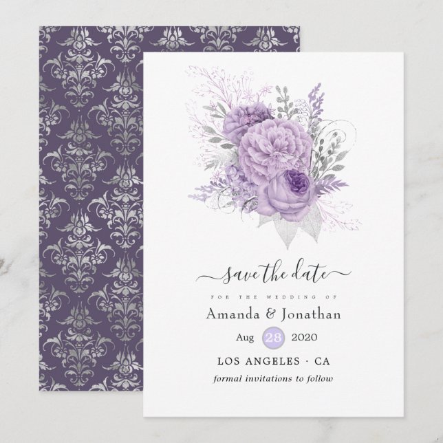 Reserve A Data Casamento Floral Lavanda e Prata (Frente/Verso)