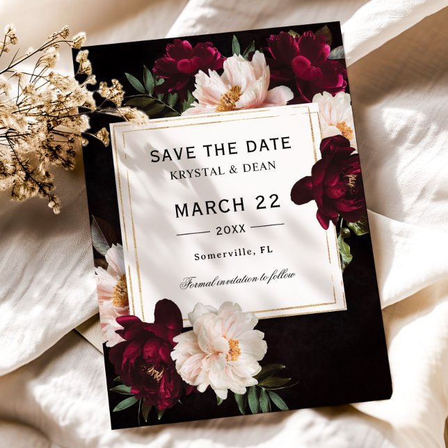 Reserve A Data Casamento Floral Luxe Dark Moody Burgundy (dark moody burgundy blush pink peonies roses floral flowers wedding save the date cards printed )
