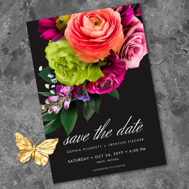 Reserve A Data Casamento Floral Luxuoso Temperamental Rosa Vibran (Moody Luxe Floral Vibrant Pink Black Photo Wedding Save The Date)