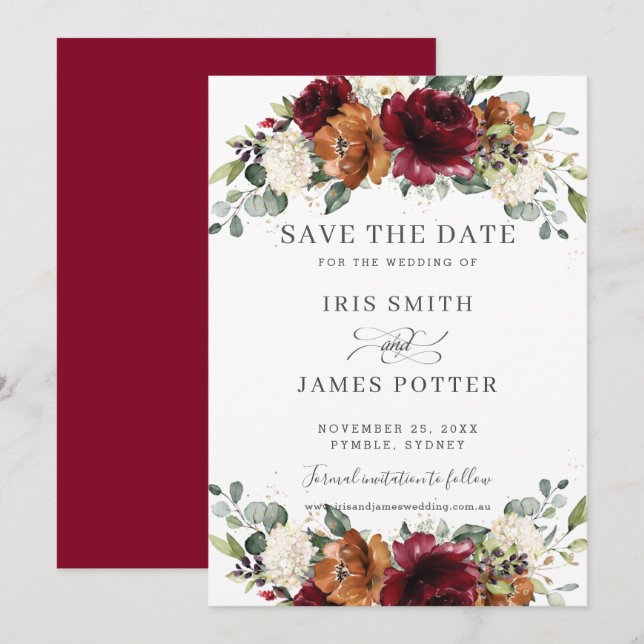 Reserve A Data Casamento Floral Marrom Queimado de Borgonha Rústi (Frente/Verso)