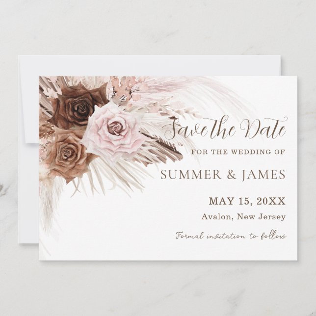Reserve A Data Casamento Floral Marrom Rosa Po dusty Boho Grama d (Frente)
